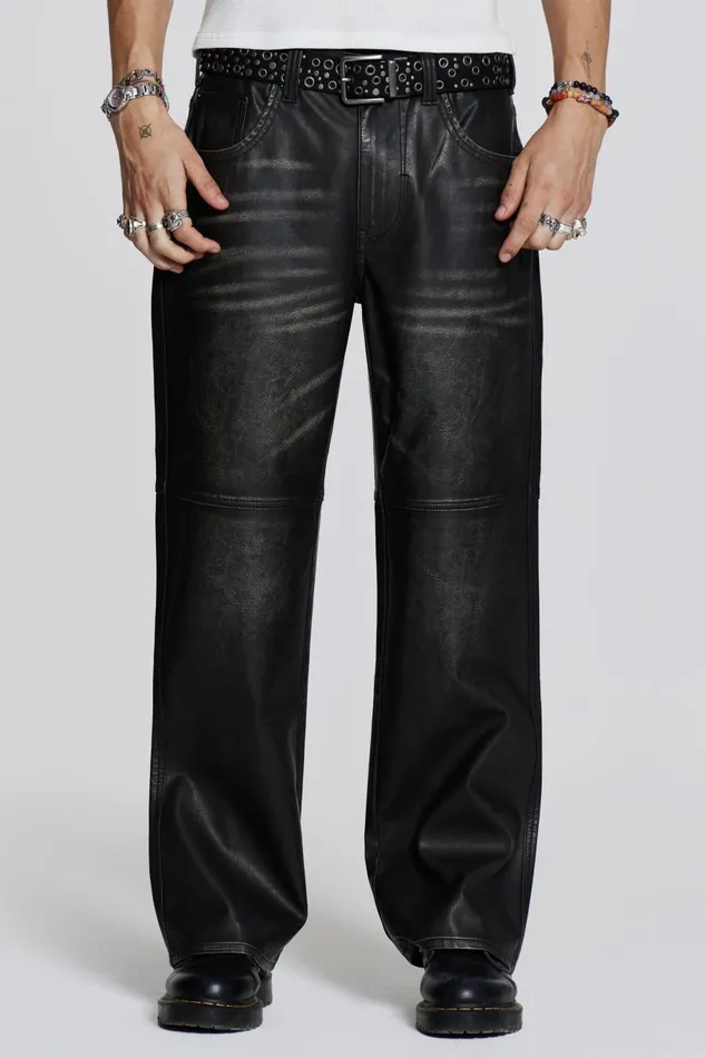 Jaded London Distressed Vegan Leather Straight Leg Jeans Men Trousers and Pants