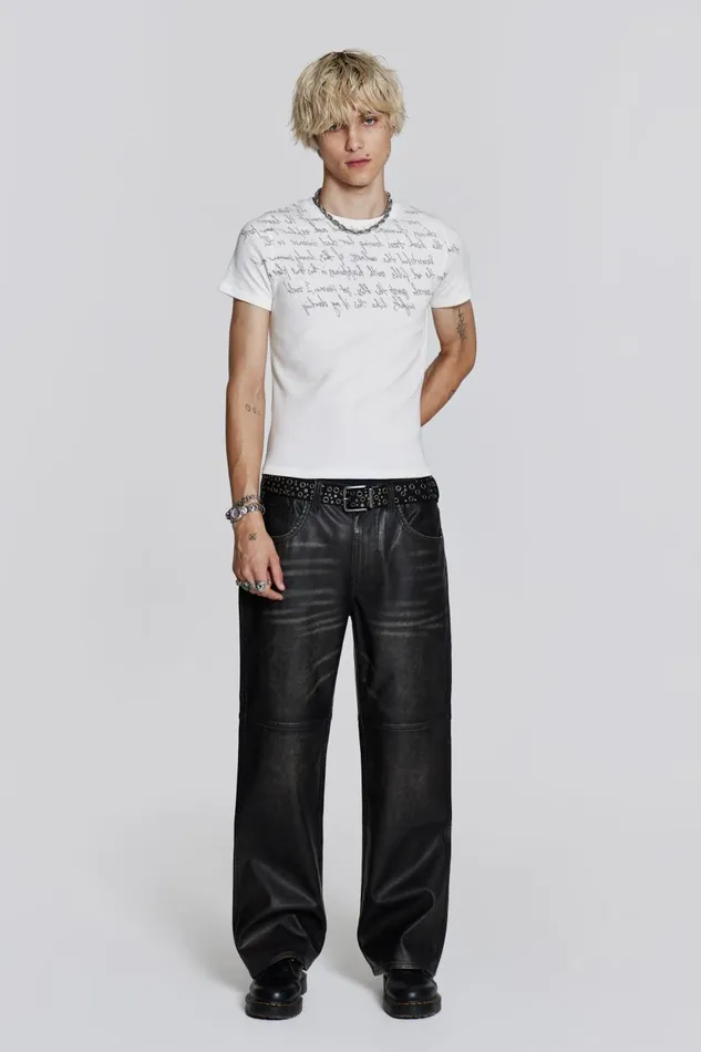 Jaded London Distressed Vegan Leather Straight Leg Jeans Men Trousers and Pants
