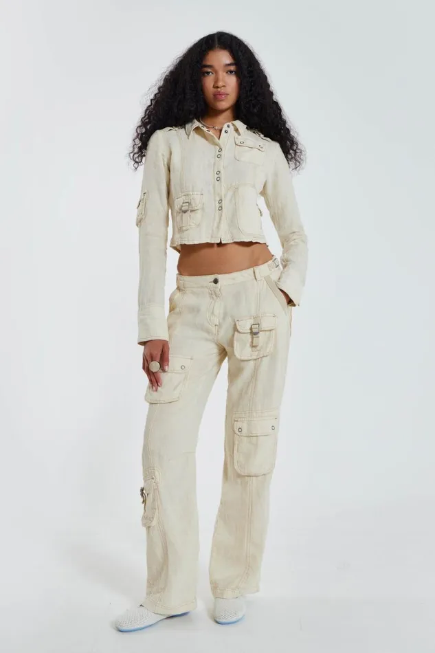 Jaded London Ecru Skinny Linen Cargo Trousers Women CoOrds