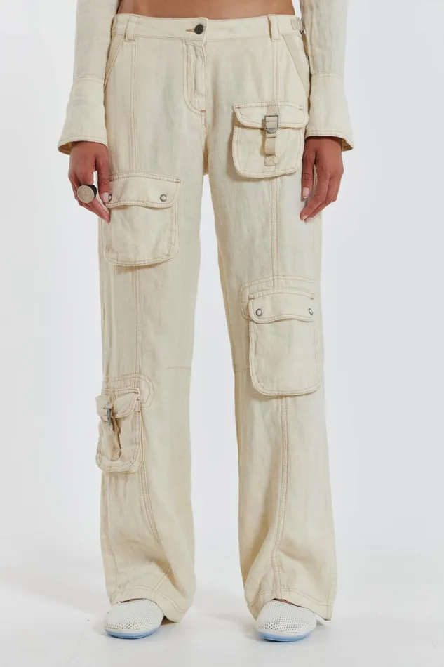Jaded London Ecru Skinny Linen Cargo Trousers Women CoOrds