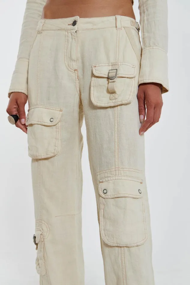 Jaded London Ecru Skinny Linen Cargo Trousers Women CoOrds