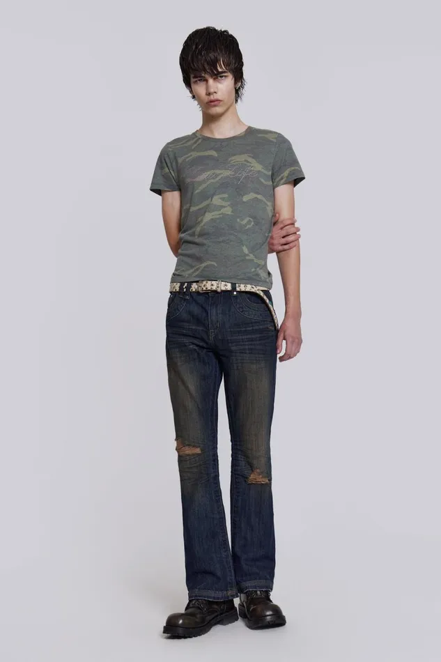 Jaded London Embroidered Indigo Slub Flared Jean Men Bootcut Jeans