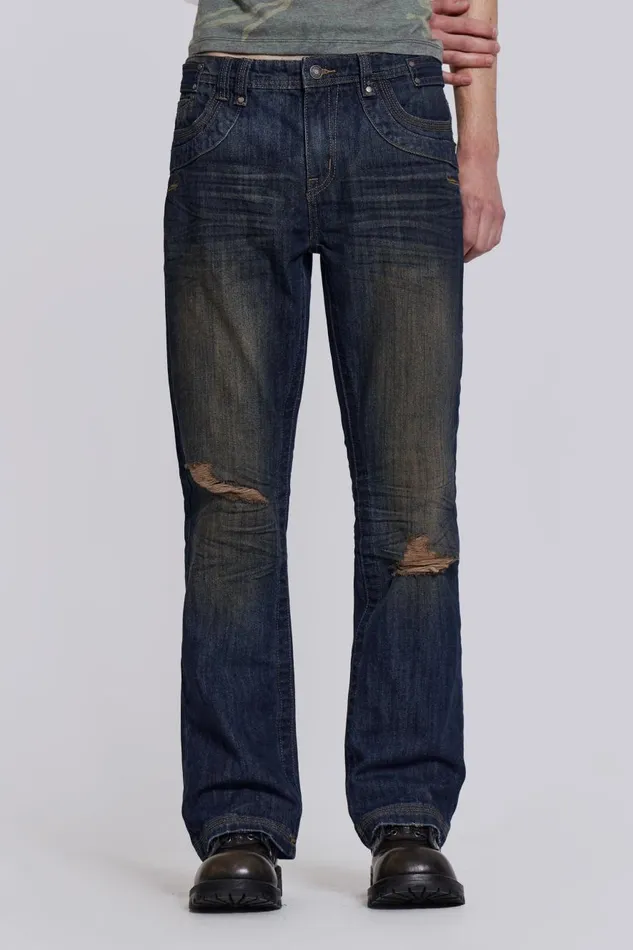 Jaded London Embroidered Indigo Slub Flared Jean Men Bootcut Jeans