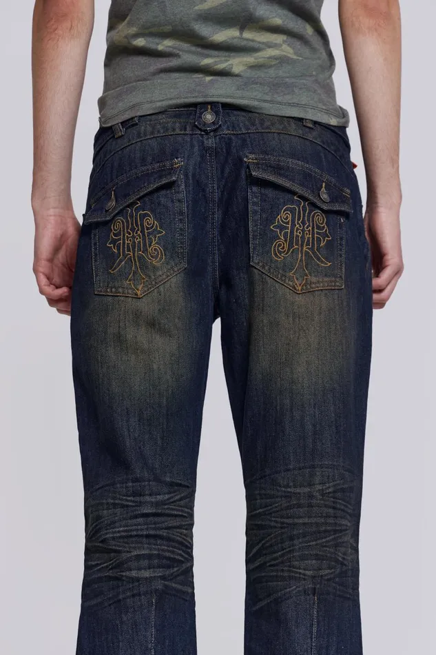 Jaded London Embroidered Indigo Slub Flared Jean Men Bootcut Jeans
