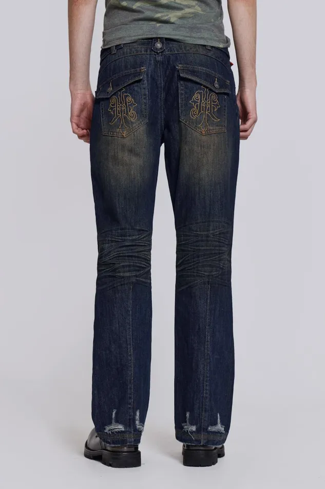 Jaded London Embroidered Indigo Slub Flared Jean Men Bootcut Jeans