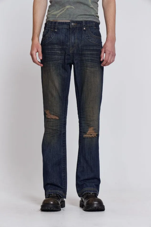 Jaded London Embroidered Indigo Slub Flared Jean Men Bootcut Jeans