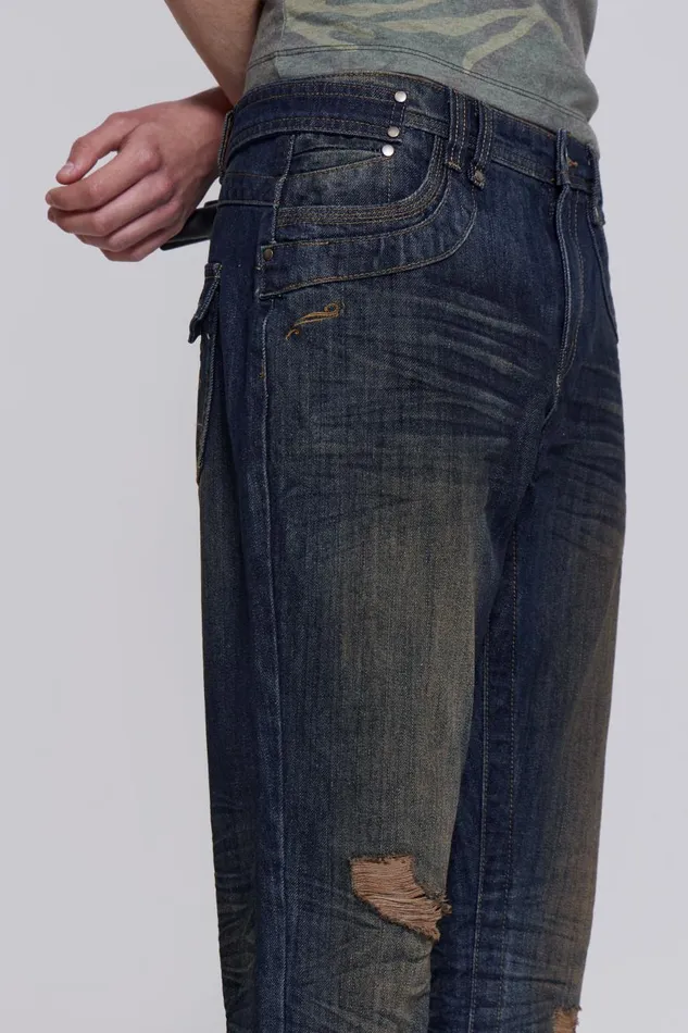 Jaded London Embroidered Indigo Slub Flared Jean Men Bootcut Jeans