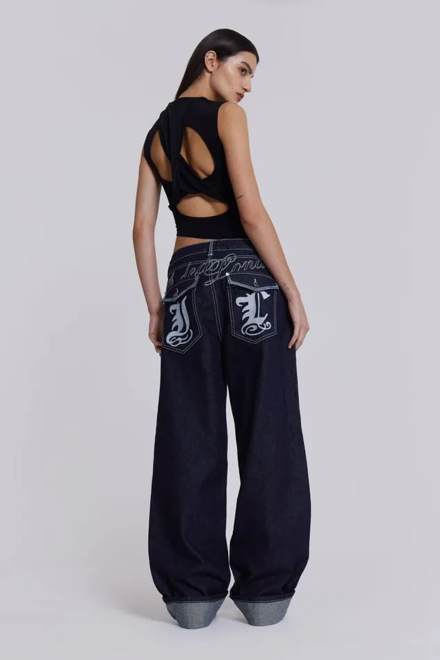 Jaded London Embroidered Loose Fit Turn Up Jeans Men Baggy Jeans