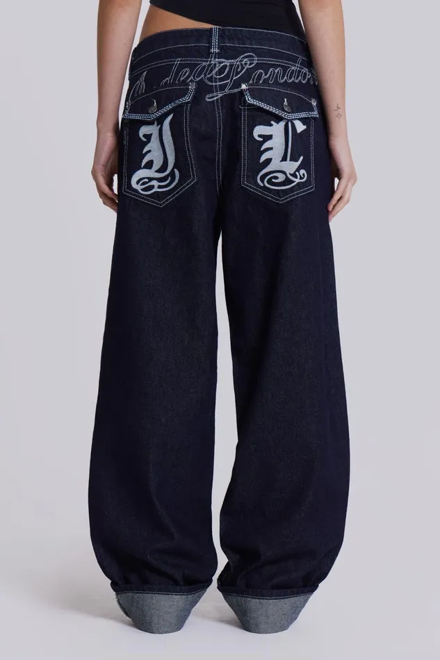 Jaded London Embroidered Loose Fit Turn Up Jeans Men Baggy Jeans