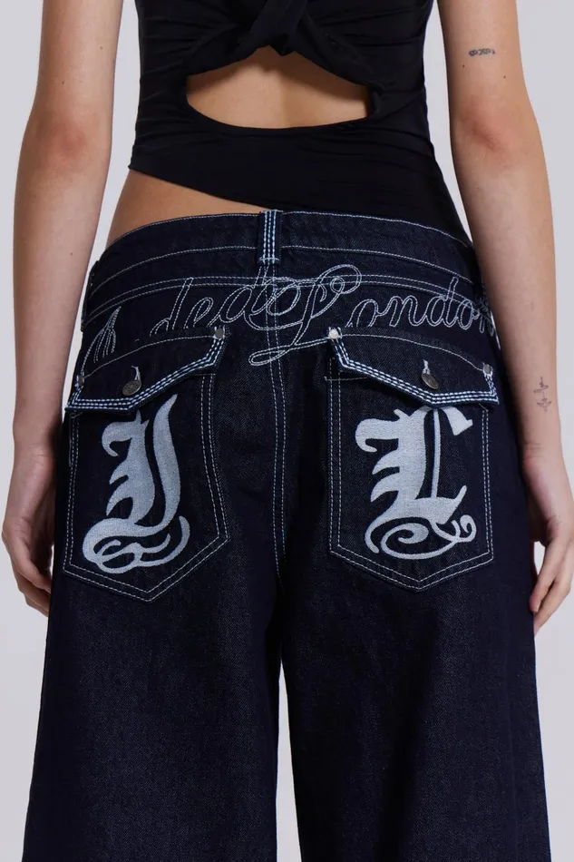 Jaded London Embroidered Loose Fit Turn Up Jeans Men Baggy Jeans