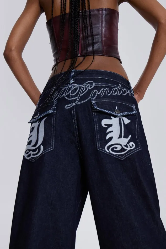 Jaded London Embroidered Loose Fit Turn Up Jeans Men Baggy Jeans
