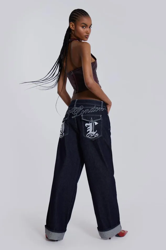 Jaded London Embroidered Loose Fit Turn Up Jeans Men Baggy Jeans