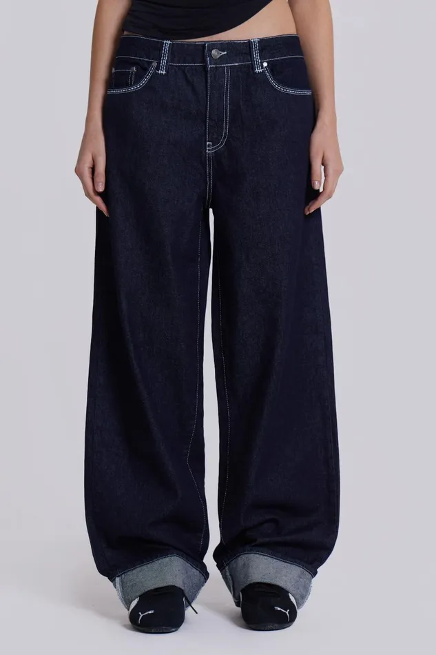 Jaded London Embroidered Loose Fit Turn Up Jeans Men Baggy Jeans