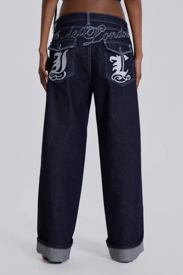 Jaded London Embroidered Loose Fit Turn Up Jeans Men Baggy Jeans