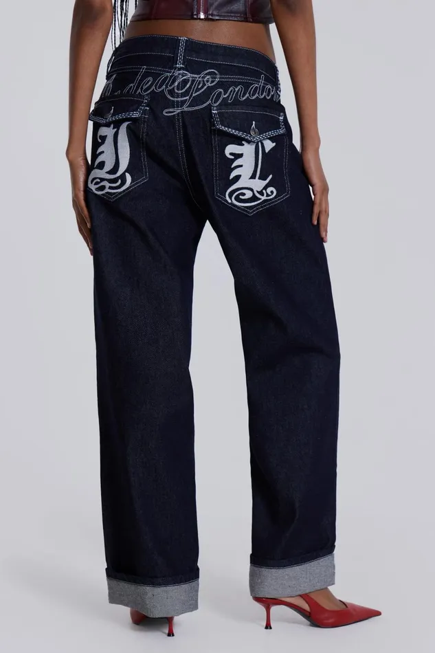 Jaded London Embroidered Loose Fit Turn Up Jeans Men Baggy Jeans