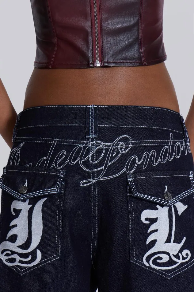 Jaded London Embroidered Loose Fit Turn Up Jeans Men Baggy Jeans