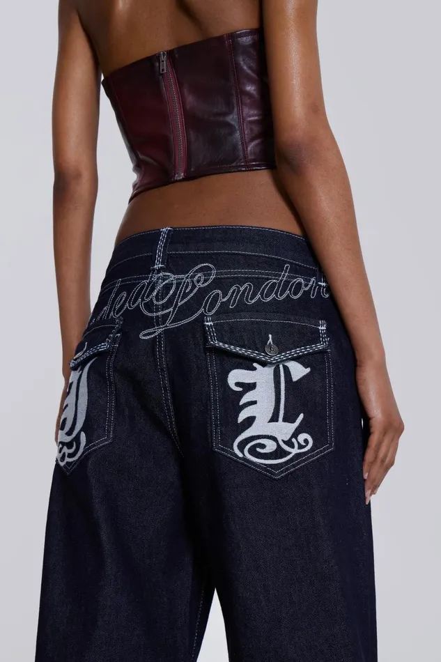 Jaded London Embroidered Loose Fit Turn Up Jeans Men Baggy Jeans