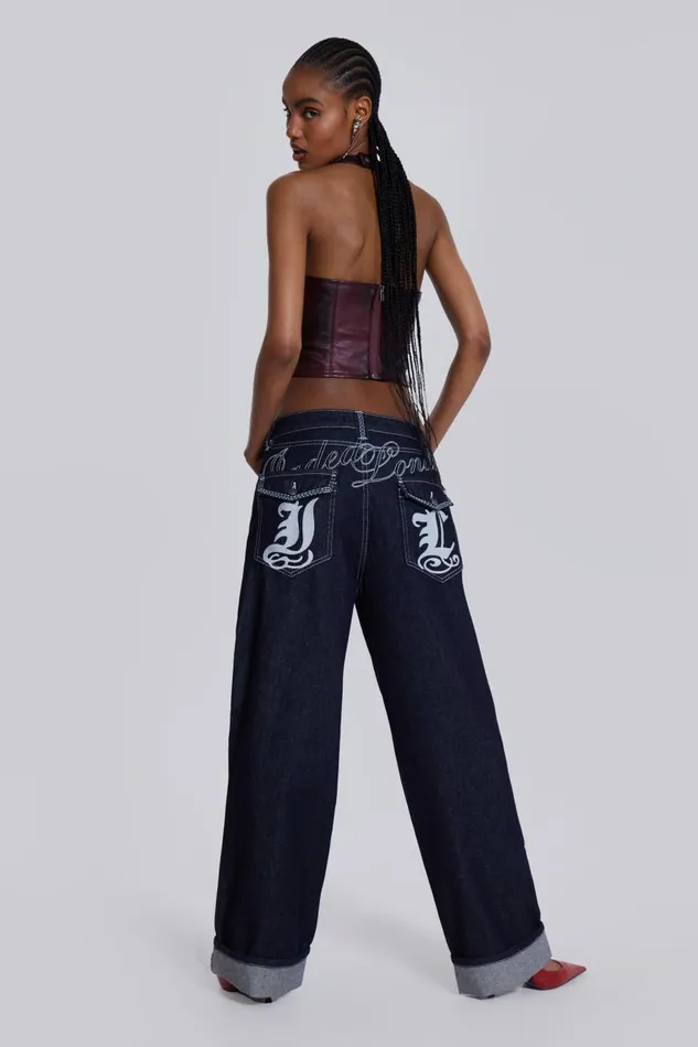 Jaded London Embroidered Loose Fit Turn Up Jeans Men Baggy Jeans
