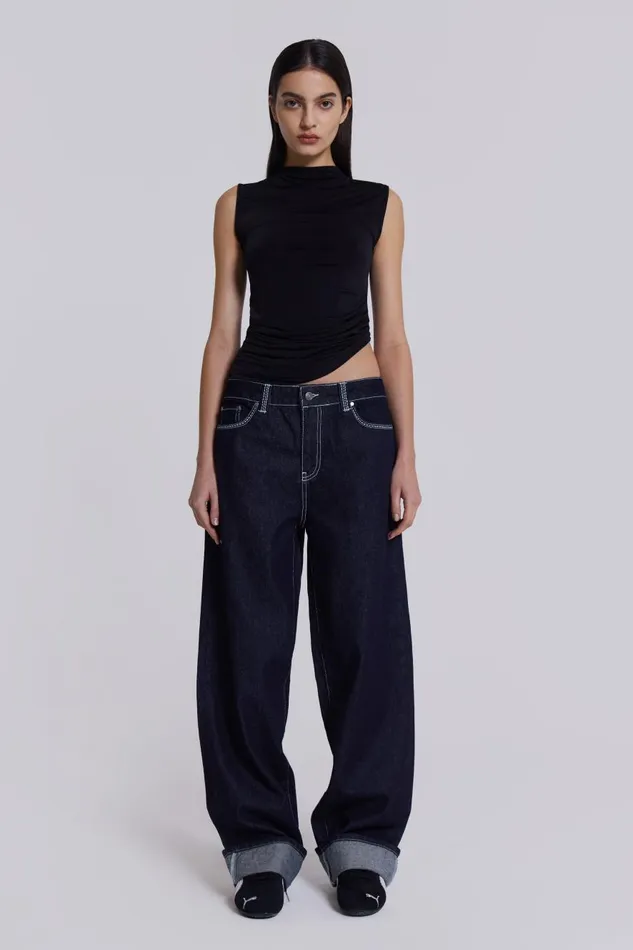 Jaded London Embroidered Loose Fit Turn Up Jeans Men Baggy Jeans