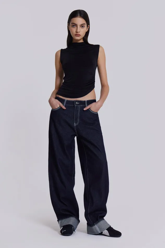 Jaded London Embroidered Loose Fit Turn Up Jeans Women Jeans