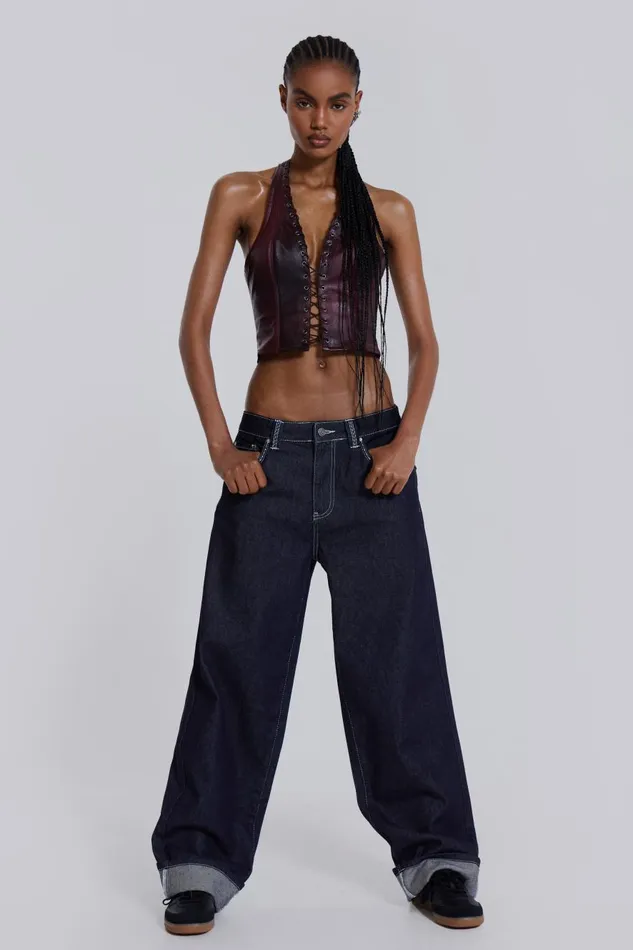 Jaded London Embroidered Loose Fit Turn Up Jeans Women Jeans