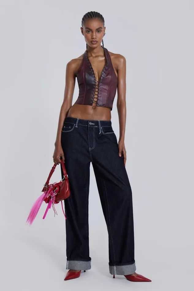 Jaded London Embroidered Loose Fit Turn Up Jeans Women Jeans