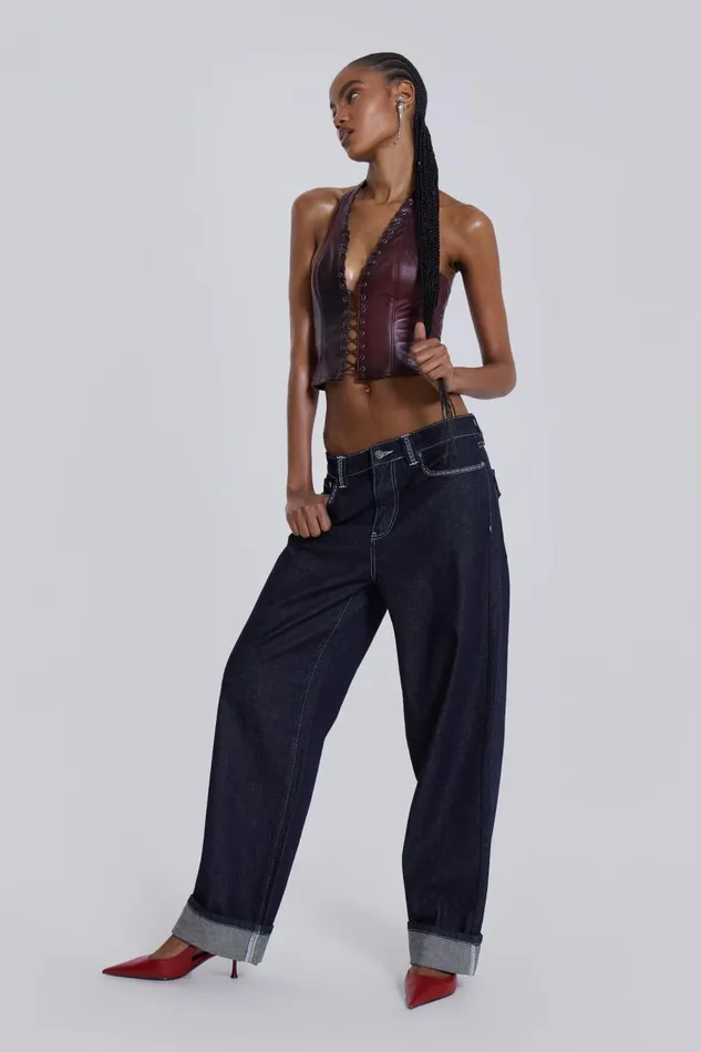Jaded London Embroidered Loose Fit Turn Up Jeans Women Jeans