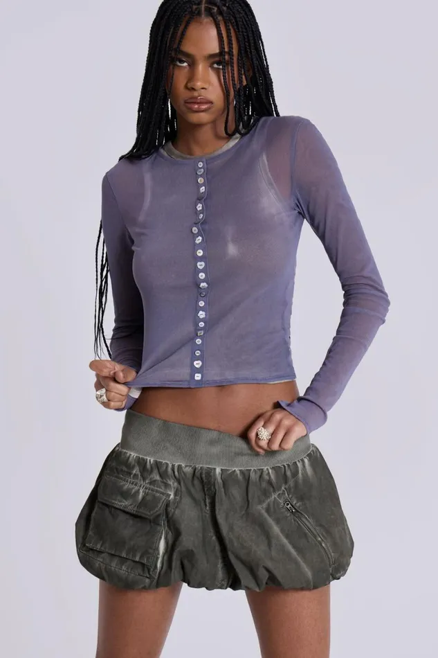 Jaded London Fiala Pearl Button Mesh Top Women Long Sleeve Tops