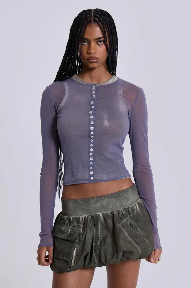 Jaded London Fiala Pearl Button Mesh Top Women Long Sleeve Tops