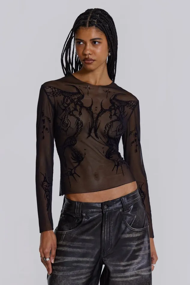 Jaded London Flock Mesh Long Sleeve With Tattoo Print Women Long Sleeve Tops