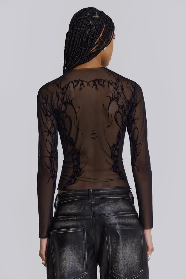 Jaded London Flock Mesh Long Sleeve With Tattoo Print Women Long Sleeve Tops
