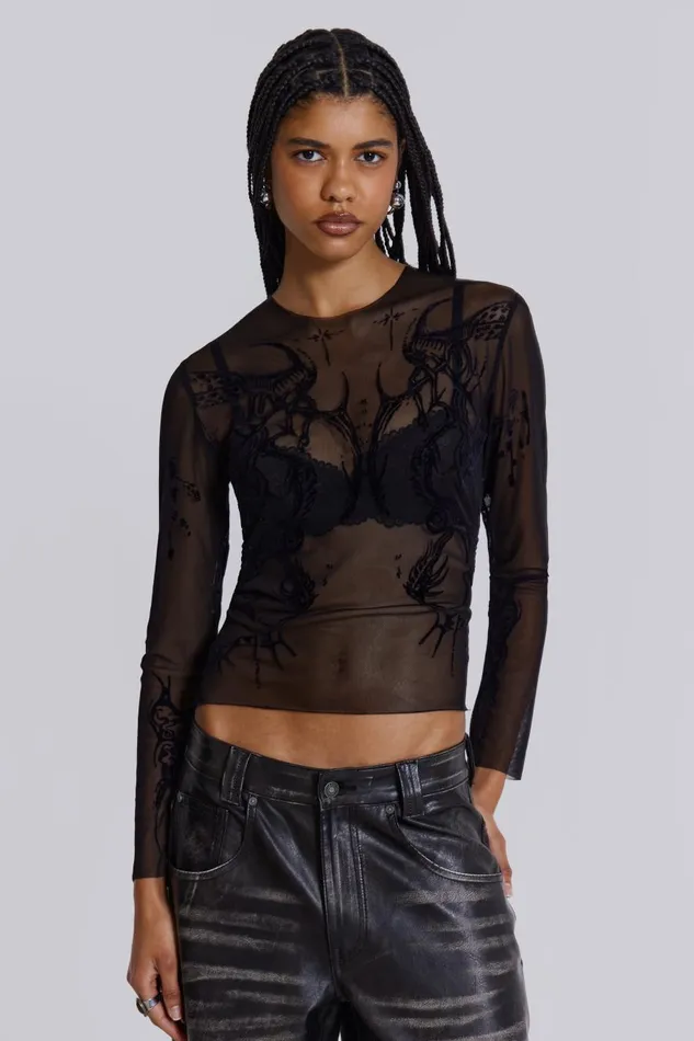 Jaded London Flock Mesh Long Sleeve With Tattoo Print Women Long Sleeve Tops