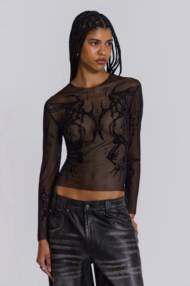 Jaded London Flock Mesh Long Sleeve With Tattoo Print Women Long Sleeve Tops