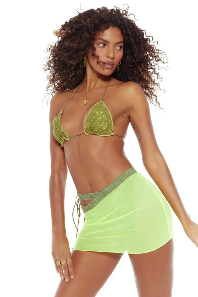 Jaded London Green Asymmetric Mesh Skirt With Lace Trim Detail Women Mini Skirts