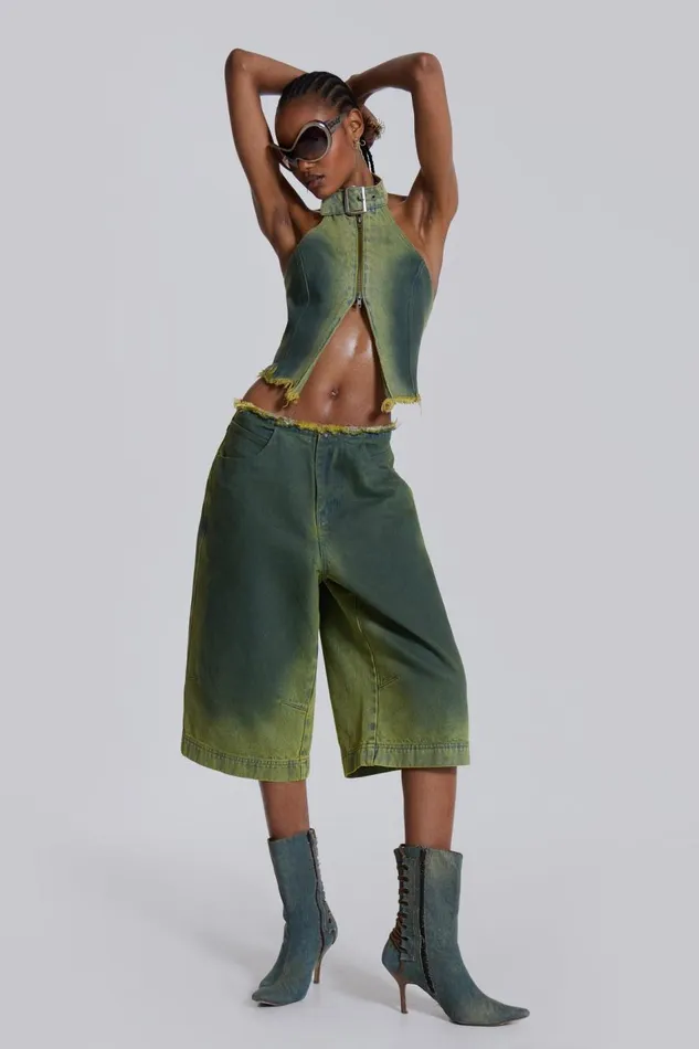 Jaded London Green Denim Buckle Neck Top Women CoOrds