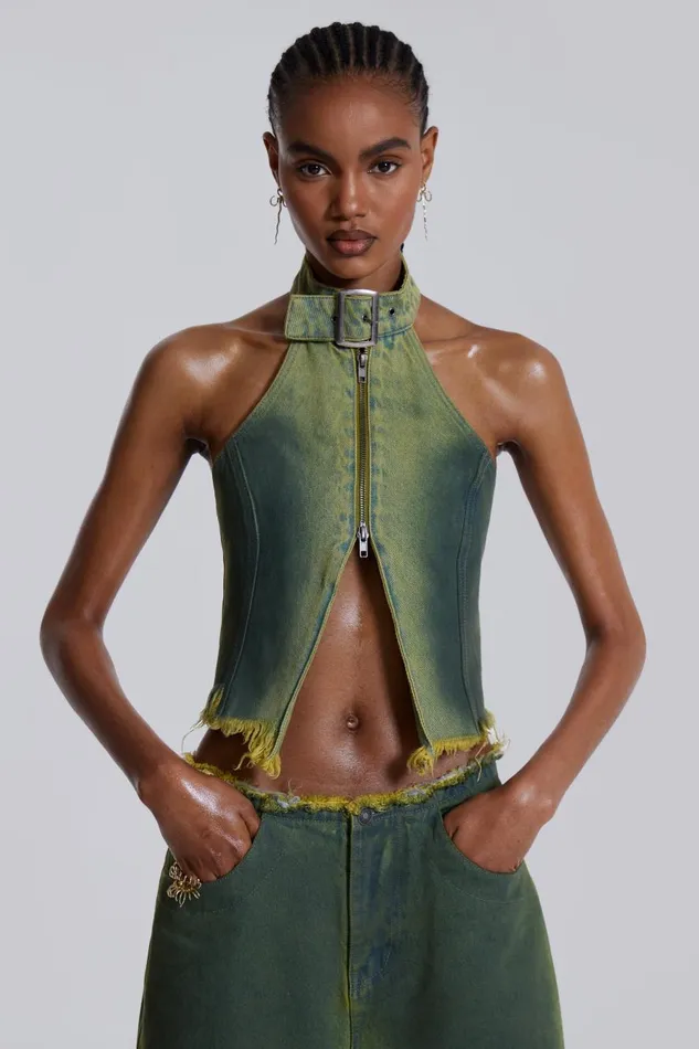 Jaded London Green Denim Buckle Neck Top Women CoOrds