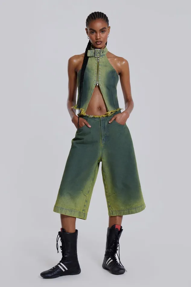 Jaded London Green Denim Buckle Neck Top Women CoOrds