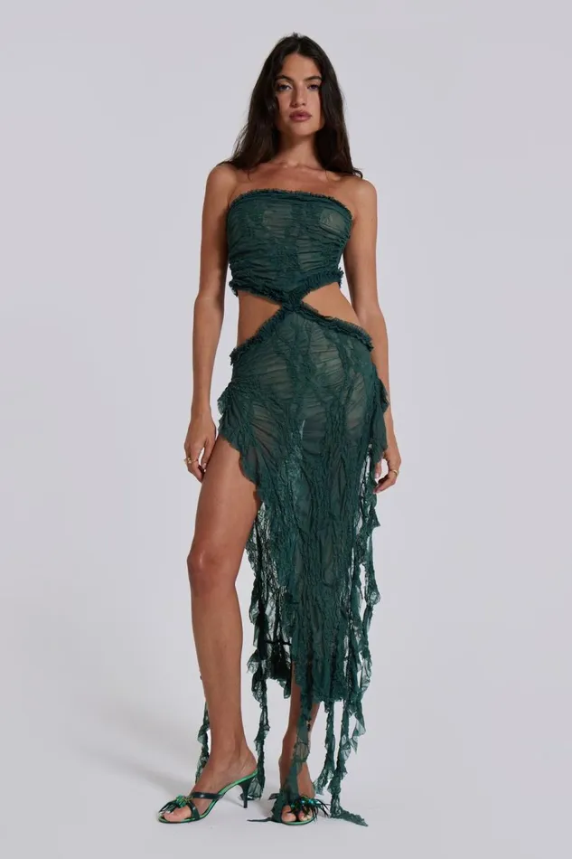 Jaded London Green Scrunch Lace Midi Dress Women Midi Dresses