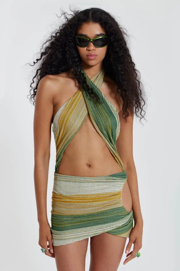 Jaded London Green Stripe Knit Halterneck Wrap Over Mini Dress Women Mini Dresses Jaded London Green Stripe Knit Halterneck Wrap Over Mini Dress Women Mini Dresses