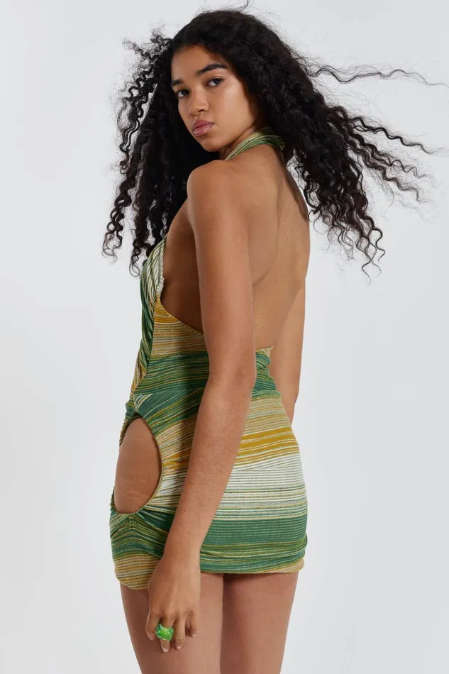 Jaded London Green Stripe Knit Halterneck Wrap Over Mini Dress Women Mini Dresses
