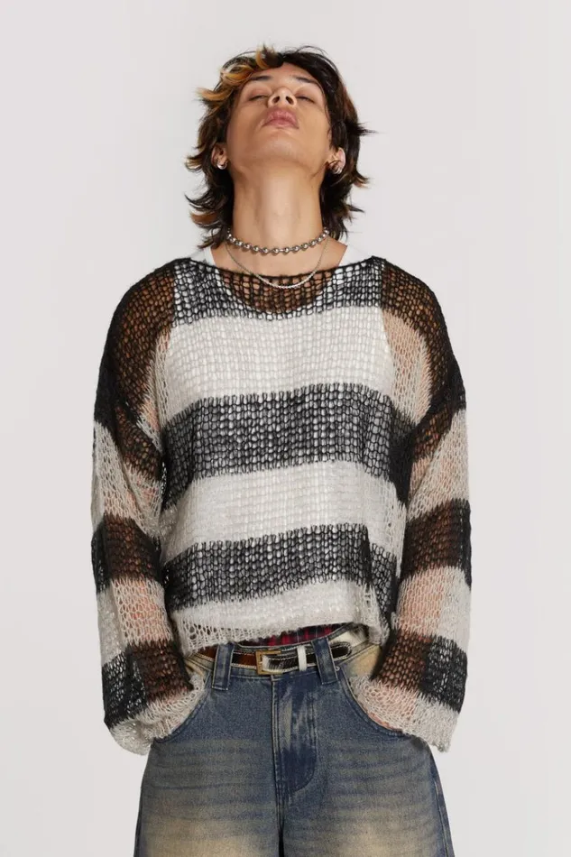 Jaded London Grey and Black Striped Loose Knit Jumper Men Knitwear