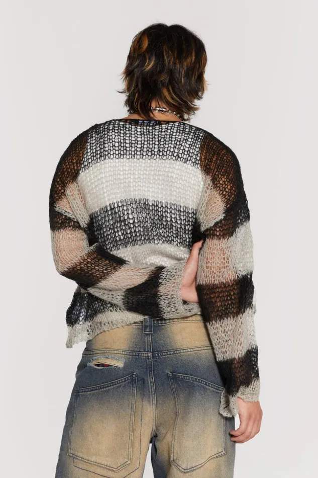 Jaded London Grey and Black Striped Loose Knit Jumper Men Knitwear