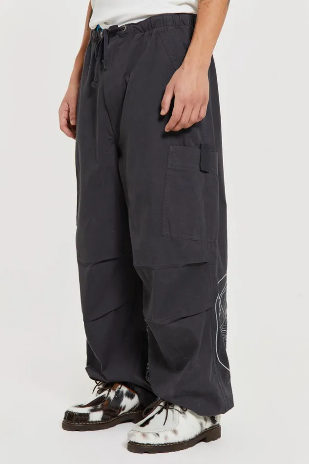 Jaded London Grey Embroidered Scene Cargo Pants Men Parachute Pants