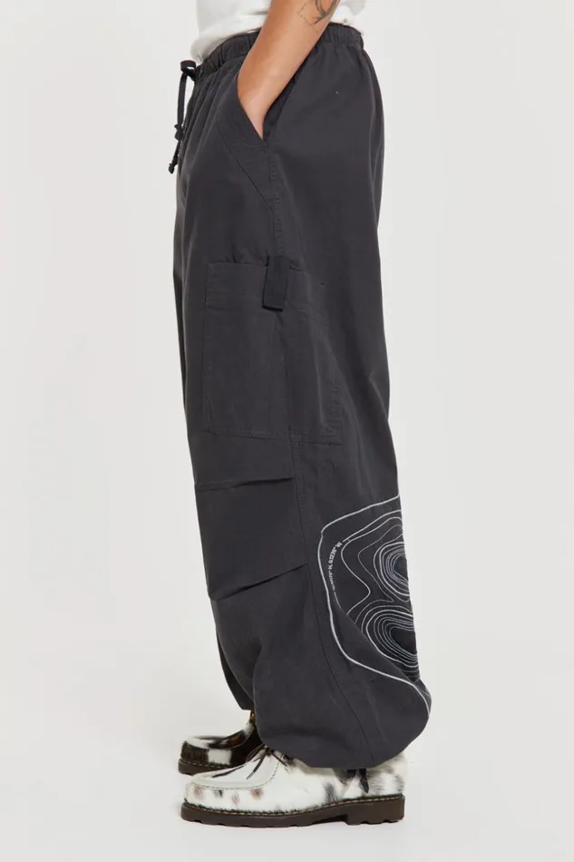 Jaded London Grey Embroidered Scene Cargo Pants Men Parachute Pants