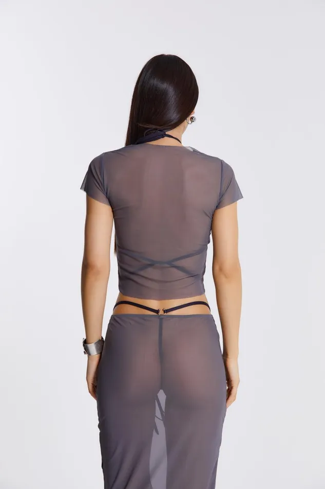 Jaded London Grey Mesh Baby Tee With Rotten Flock Placement Print Women Beach Cover Ups