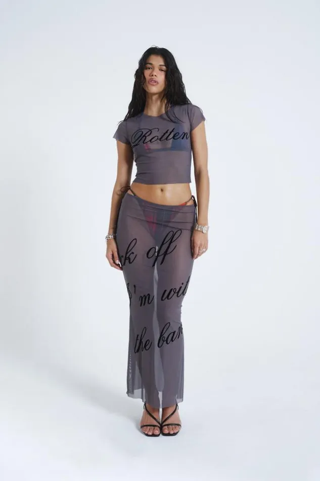 Jaded London Grey Mesh Baby Tee With Rotten Flock Placement Print Women Beach Cover Ups