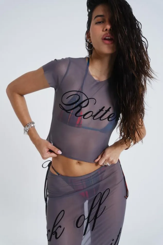 Jaded London Grey Mesh Baby Tee With Rotten Flock Placement Print Women Beach Cover Ups