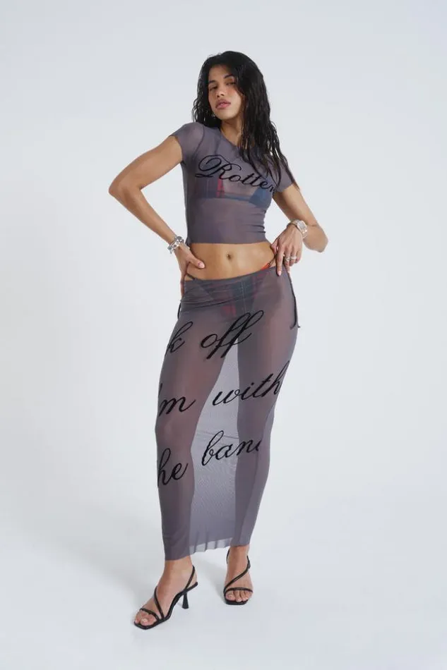 Jaded London Grey Mesh Baby Tee With Rotten Flock Placement Print Women Beach Cover Ups