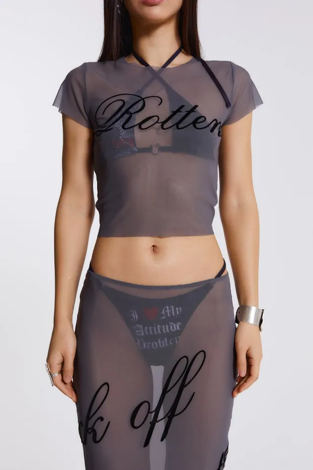 Jaded London Grey Mesh Baby Tee With Rotten Flock Placement Print Women Beach Cover Ups