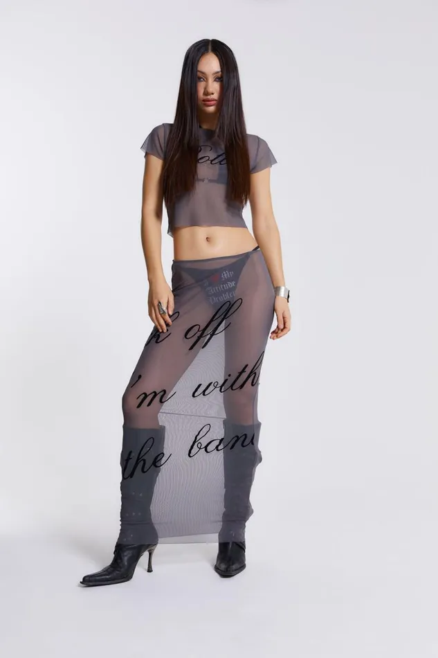Jaded London Grey Mesh Baby Tee With Rotten Flock Placement Print Women Beach Cover Ups